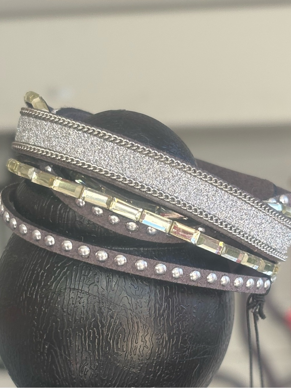 Wrapped Multi-Row Crystal and Metallic Leather Bracelet - Silver Taupe